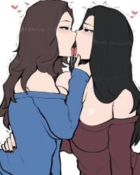 2girls absurdres black_hair blush braless breast_squish brown_eyes brown_hair cousins covered_nipples exposed_breasts hand_on_back hand_on_jaw head_lift hearts_around_head highres horu huge_breasts incest kissing lesbian lesbian_kiss lesbians long_hair motion_lines non-web_source off_shoulder_sweater original saliva saliva_trail spit tongue_kissing yuri