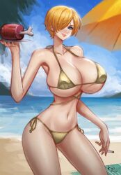 1girls beach beach_umbrella bikini blonde_hair blue_eyes blush breasts cigarette cleavage curly_eyebrows female female_only food genderswap_(mtf) golden_bikini holding holding_cigarette huge_breasts kyopink meat navel ocean one_piece outdoors rule_63 sand short_hair swimsuit thick_thighs thighs tongue tongue_out umbrella vinsmoke_sanji water yellow_bikini