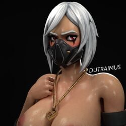 3d big_breasts blush breasts dutraimus female female_only fortnite hand_above_breast hush_(fortnite) kitway looking_at_viewer mask masked masked_female shiny shiny_skin solo solo_female sweat sweating sweaty