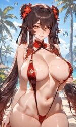 abdomen ai_generated beach big_breasts breasts brown_hair female female_focus female_only genshin_impact grey_hair hu_tao_(genshin_impact) huge_breasts illyfurina lips long_hair long_sleeves looking_at_viewer milf navel pale-skinned_female pale_skin red_eyes seducing seduction seductive seductive_body seductive_eyes seductive_gaze seductive_look seductive_mouth seductive_pose seductive_smile sling_bikini slingshot_swimsuit smiling smiling_at_viewer stable_diffusion summer swimsuit thighs waist watermark woman_on_top