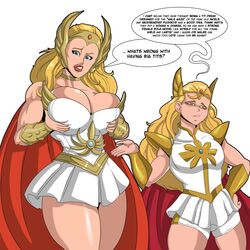 2girls adora annoying armband bait blonde_female blonde_hair blue_eyes breast_grab breasts bust busty cape comparing comparison counterpart crossover curvaceous curves curvy curvy_figure dress english_text female female_only hourglass_figure larger_female legs lips lipstick long_hair loonyjams lower_body masters_of_the_universe mature mature_female multiple_girls princess_adora red_lips red_lipstick she-ra she-ra_and_the_princesses_of_power she-ra_princess_of_power short_skirt skirt smaller_female speech_bubble taller_female text thick thick_legs thick_thighs thighs thin_waist tiara upper_body voluptuous white_dress white_skirt