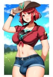 1futa ai_generated bimbo bulge cowboy_hat cowlick cutoffs daisy_dukes futa_only futanari gynomorph intersex lips penis_outline pyra pyra_(xenoblade) red_hair robofun rule_63 solo thick_lips tied_shirt xenoblade_chronicles_2