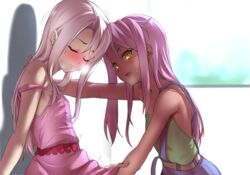 2girls bangs bare_shoulders blush breasts chloe_von_einzbern closed_eyes closed_mouth collarbone dark_skin dress fate/kaleid_liner_prisma_illya fate_(series) female female_only fingering highres illyasviel_von_einzbern long_hair multiple_girls one_side_up open_mouth out-of-frame_censoring overalls piiko_(aa_doushiyou) pink_dress pink_hair small_breasts smile strap_slip white_hair yellow_eyes yuri