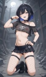 ai_generated black_hair blue_hair boots breasts choker collar covered_nipples crop_top female fishnets goth goth_girl grey_eyes highlights_(coloring) makeup miniskirt navel original_character pale_skin punk punk_girl see-through_clothing see-through_top thong thong_panties