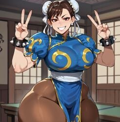 1girls ai_generated alternate_costume big_breasts breasts brown_eyes brown_hair capcom chun-li double_bun female female_only huge_breasts large_breasts mature_body mature_female mature_woman pinkle_(smog) smile street_fighter thick_thighs voluptuous voluptuous_female wide_hips