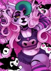 anthro canine cleavage cleavage_cutout female female_only ffissikk five_nights_at_freddy's five_nights_at_freddy's:_security_breach fnaf green_highlights hair_over_one_eye kuromi looking_at_viewer onegai_my_melody pink_background roxanne_wolf_(fnaf) sanrio wolf