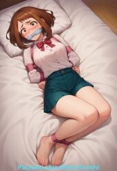 ai_generated ai_hands bed bedroom blush bondage cleave_gag gag gagged looking_at_viewer my_hero_academia ochako_uraraka on_bed pillow pink_rope scared school_uniform schoolgirl_uniform slimetenshi tied_up tight_bondage