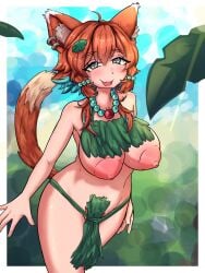 1girls animal_ears areolae bikini bikini_top_removed blue_eyes blush breasts diamond-shaped_pupils eyebrows_visible_through_hair female female_only female_pubic_hair forest huge_breasts ilikewordgames leaf_bikini light-skinned_female light_skin looking_at_viewer monster_girl mozumi_pichi necklace nipples orange_hair outdoors plants pubic_hair seductive solo symbol-shaped_pupils tail v-dere virtual_youtuber