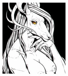 anthro breasts deer eyelashes female hair hi_res line_art long_hair looking_at_viewer mammal nails nipples portrait pupil pupils red_eyes road~abelgeym simple_background solo square_pupils yellow_eyes