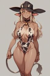 1girl bell bell_necklace blonde campaign cow cow_horns cow_suit cow_tail cow_woman cowbell cowboy_hat cowgirl_position cownecklace green_eyes horn large_hair swim_suit swimsuit tanned tanned_female tanned_girl tanned_skin