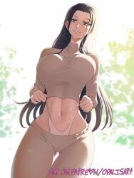 1girls big_breasts black_hair blue_eyes blush clothed clothing colored female female_focus female_only hi_res large_breasts light-skinned_female light_skin long_hair looking_at_viewer nico_robin one_piece opalisart panties post-timeskip pulling_panties shounen_jump solo solo_female tagme thick_thighs