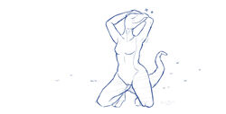 anthro blue_and_white blush breasts closed_eyes featureless_breasts female genitals hi_res holemann kneeling lizard monochrome non-mammal_breasts nude pose pussy reptile scalie simple_background solo white_background