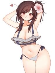 1girls armpits arms_behind_head arms_up belly_button brown_hair flower_in_hair heart large_breasts long_hair looking_at_viewer panties ponytail red_eyes skyaboveme smile solo solo_female solo_focus thighs thighs_together tifa_lockhart white_panties wide_hips