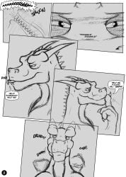 2013 ahastar ahastar_(artist) anthro bolt_(diablo_the_rex) chewing collaboration comic crunching deinonychus diablo_the_rex dinosaur dragon dromaeosaurid duo english_text european_mythology extreme_size_difference feral greyscale hi_res larger_feral male male/male micro_in_mouth monochrome mythological_creature mythological_scalie mythology prehistoric_species reptile scalie size_difference smaller_anthro speech_bubble text theropod western_dragon