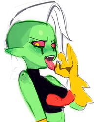 1girls cheez crop_top disney fellatio_gesture female female_only green_skin humanoid lord_dominator mascara_tears mohawk_(hairstyle) no_visible_genitalia pink_eyes running_mascara side_shave solo tongue_out toony wander_over_yonder white_hair yellow_sclera