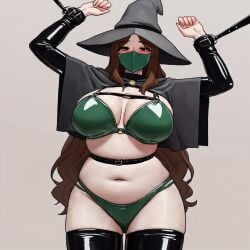 1girls ai_generated bikini bondage brown_hair cuffs hands_above_head large_breasts magicman-chan magicman1410 magicwoman midriff navel witch witch_hat wizard_hat