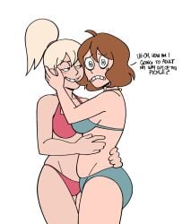 2girls adulting artist_request blonde blonde_female blonde_hair brown_hair dialogue edit embrace female incest izzy_king kenzie_king sisters text white_background yuri