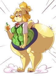 animal_crossing anthro ass ass_expansion bell_collar blonde_hair blush bottom_heavy butt_expansion canine chubby expansion furry hyper hyper_ass isabelle_(animal_crossing) large_ass nintendo peach_(fruit) red_eyes shine shocked short_skirt shortstack skirt tail thaddeusmcboosh thick_thighs thighs