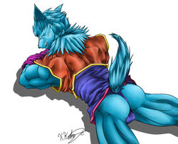 anthro ass backsack balls blue_body blue_fur canid canine clothing fur genitals looking_at_viewer lying male male_only mammal muscular on_front raised_tail sleeveless_shirt solo thong underwear xkoshiji