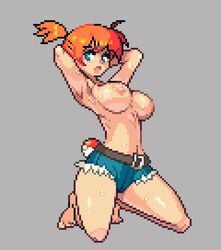 1girls 2020 2020s armpits arms_behind_head barefoot belt big_breasts black_belt blue_eyes blue_shorts breasts denim_shorts female jean_shorts kasumi_(pokemon) large_breasts legs looking_left nintendo nude on_knees orange_hair pixel pixel_art pokeball pokemon pokemon_rgby short_hair shorts solo solo_female sweat sweaty_breasts teenager thick_thighs toes_scrunch tomboy topless wet yumurama