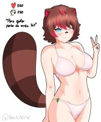 1girls animal_ears animal_tail blue_eyes bra breasts brown_hair kemonomimi latam_virtual_youtuber looking_at_viewer multicolored_hair panties partially_clothed raccoon_ears raccoon_tail rakkun red_hair short_hair solo_female spanish_text strip_game tagme text thighs underwear virtual_youtuber vtuber vtuberfanart white_background yunsito