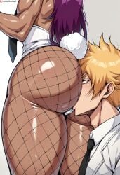 1boy 1girls ai_generated ass_focus ass_worship big_ass bleach bubble_butt bunny_tail bunnysuit dark-skinned_female face_in_ass female girl huge_ass huge_thighs long_hair muscular muscular_female purple_hair shihouin_yoruichi thick_thighs thighs wide_hips wolfiazin960(artist)