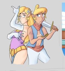 2girls breasts bwooper1 female female_only female_with_female nintendo princess_zelda skirt small_breasts swimsuit swimwear tanline tetra the_legend_of_zelda toon_zelda wind_waker