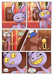 comic_page dialogue door door_handle gooseworx jax_(the_amazing_digital_circus) loud_moans pomni_(the_amazing_digital_circus) quiet sinister_smile smirking the_amazing_digital_circus thirstspace vibrant_background