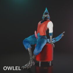 1:1 2020 3d anthro avian bird blender blue_body blue_feathers chair claws clothed clothing corvid erection feather_hair feathers furniture genitals hi_res jay_(bird) leaning leaning_back looking_at_viewer male male_only oscine owlel partially_clothed passerine penis presenting presenting_penis pseudo_hair scales shirt simple_background slit solo spread_legs spreading stellars steller's_jay tail_feathers tapering_penis topwear vest yellow_eyes