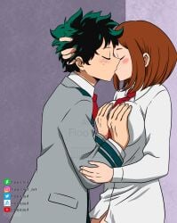 1boy1girl 1girl 2d bottomless brown_hair cute_couple cute_face deku eyes_closed floonasif grabbing_another's_breast grabbing_breasts grabbing_head green_hair groping high_school high_school_student highschool kissing my_hero_academia ochako_uraraka romance school_uniform schoolgirl shadow short_hair tie