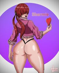 big_ass big_butt black_thong danzq fat_ass fluffy from_behind heart jacket king_of_fighters light_skin long_hair looking_back no_pants open_mouth ponytail ponytails red_hair shermie_(kof) thighs thong tied_hair