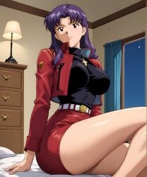 ai_generated bed bedroom bedroom_setting belt belt_buckle big_ass big_breasts big_butt black_shirt brown_eyes clothed clothing cross_necklace curves curvy curvy_female curvy_figure desk female female_focus female_only focus furniture jewelry lamp large_breasts lipstick long_hair long_legs misato_katsuragi necklace neon_genesis_evangelion purple_hair red_jacket red_skirt retair18 sexy_pose short_skirt skirt wide_hips window