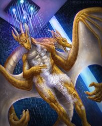 2020 5_fingers anthro claws detailed_background digital_media_(artwork) dragon eyebrow_spikes fingers hi_res himeragoldtail horn living_tail low-angle_view male male_only membrane_(anatomy) membranous_wings nude open_mouth scales scalie shower solo standing tail teeth tongue unusual_anatomy unusual_tail western_dragon wings