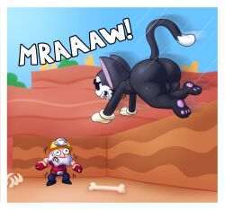 1boy 1femboy 2boys angry anthro balls big_ass big_balls big_butt big_thighs black_eyes black_fur brawl_stars cat_ears cat_tail dynamike_(brawl_stars) dynamite feline femboy furry gay huge_ass jumping kit_(brawl_stars) meowny shortstack shortstack_femboy showdown supercell thick_thighs