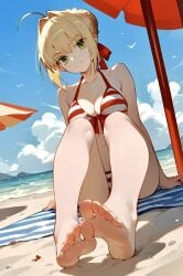 1girl ahoge ai_generated barefoot beach belly_button bikini blonde_hair fate/grand_order fate_(series) feet feet_focus female female_focus female_only green_eyes hair_bun hair_ribbon hands hi_res highres human large_breasts looking_at_viewer nero_claudius_(fate) nero_claudius_(swimsuit_caster) sitting smile smiling soles stomach tagme thighs toes