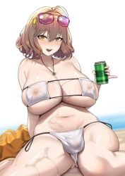 1futa ahoge alcoholic_drink anis_(nikke) armpits balls beach beverage beverage_can bikini blonde_hair blush breasts bulge bulge_through_clothing clothed clothing drink drinking futa_only futanari goddess_of_victory:_nikke holding_can holding_object huge_breasts huge_cock human large_breasts light-skinned_futanari light_skin long_hair mostly_nude outdoors penis shades shiny_skin solo solo_futa square_bikini sunglasses sunglasses_on_head wujack