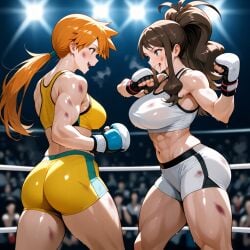 2girls abs ai_generated alternative_hairstyle ass audience bare_shoulders battle biceps blood blood_from_mouth blood_on_face blue_eyes blush bodily_fluids boxing_gloves bra breasts brown_hair bruise bruise_on_face clenched_hands clothing crowd duel exercise eye_contact female fighting fighting_stance fingerless_gloves gloves green_eyes grin gym hilda_(pokemon) injury kasumi_(pokemon) large_breasts long_hair looking_at_another midriff multiple_girls muscle muscular_female navel open_mouth orange_hair pokemon pokemon_character ponytail protagonist_(pokemon) short_shorts shorts sidelocks smile spats sports_bra sportswear stadium stage_lights standing stomach sweat tank_top teeth thick_thighs thighs tied_hair toned underwear watching weights white_bra white_sports_bra white_underwear yellow_shorts