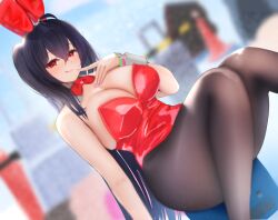 1girls azur_lane black_hair bunny_costume cleavage fake_animal_ears fake_rabbit_ears female female_only large_breasts leotard light-skinned_female light_skin long_hair looking_at_viewer red_eyes red_leotard ribbon sakura_empire_(azur_lane) sano_sho seductive_look solo taihou_(azur_lane) thick_thighs