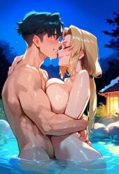 1boy 1girls 2d ai_generated big_breasts blonde_hair completely_nude completely_nude_female embrace hellblueboy4 mommy naruto naruto_(series) night nude nude_female onsen tagme tsunade