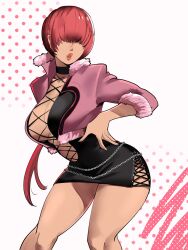 big_ass big_breasts big_butt cleavage cleavage_cutout clothed covered_eyes female fishnets fluffy hand_on_hip jacket king_of_fighters light_skin long_hair necklace ponytail ponytails red_hair shermie_(kof) skirt skullworms thick_thighs thighs