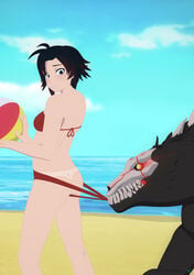 ass beach beowolf_(rwby) bikini bikini_pull black_eyes black_hair grimm_(rwby) interspecies monster necromalock red_bikini red_hair ruby_rose rwby silver_eyes surprised swimsuit tagme wedgie worried