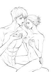 abs annie_leonhardt athletic_female athletic_male attack_on_titan bertolt_hoover bleeding_nose blood_on_breasts completely_nude fit_male implied_sex kuobi_meon male_abs no_color nose_bleed shingeki_no_kyojin tagme tied_hair