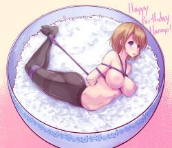 1girls arms_behind_back ass bondage bowl breasts brown_hair food happy_birthday hogtie koizumi_hanayo love_live! love_live!_school_idol_project maullarmaullar medium_breasts nipples pantyhose purple_eyes rice rope solo solo_female solo_focus