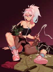 1futa 1girls ahe_gao animal_ears big_penis bluehand clenched_teeth clothing cum cum_on_lower_body cum_on_self cum_string cumshot dark-skinned_futanari dark_skin duo ejaculation eyes_rolling_back female futa_on_female futanari futasub gradient_background greasymeta green_hair handjob interracial larger_female multicolored_hair orgasm original_character penis rolling_eyes sitting_on_lap size_difference small_breasts small_but_hung smaller_futanari thighhighs white_skin