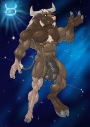 abs anthro astrology balls big_balls big_penis bovid bovine brown_body brown_fur digital_media_(artwork) european_mythology flaccid foreskin fur genitals greek_mythology hair hi_res horn human humanoid_genitalia humanoid_penis male mammal minotaur muscular muscular_anthro muscular_male mythological_creature mythology nipples nude pecs penis simple_background smile solo species_transformation tail transformation valensfd