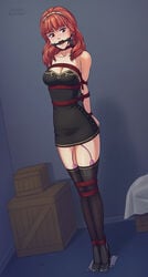 big_breasts blush bondage celica_(fire_emblem) female fire_emblem fire_emblem_echoes:_shadows_of_valentia fire_emblem_gaiden gag high_heels mouth_gag nintendo open_mouth_gag red_eyes red_hair remote_control_vibrator restrained ring_gag rope rope_bondage sex_toy stockings vibrator zelamir