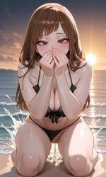 ai_generated bangs beach beach_background big_breasts bikini bikini_aside bikini_bottom bikini_top breast_press breasts brown_eyes brown_hair covering_mouth demon_slayer embarrassed hairless_pussy kimetsu_no_yaiba kneeling long_hair mizuki_hoshizora my_hero_academia original_character pale_skin peeing peeing_on_floor shy_expression squatting squirt squirting