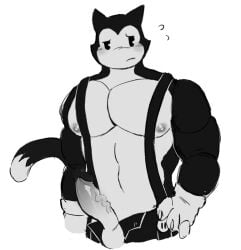 anthro balls blush clothed clothing digital_media_(artwork) domestic_cat epic_games felid feline felis fortnite genitals gloves handwear male male/male male_only mammal meowscles meowscles_(toon) monochrome nipples nude pecs pecs_with_breasts penis simple_background solo tail walalalala33