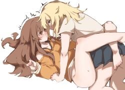 2girls blonde_hair blue_eyes blush bottomless bridget brown_eyes brown_hair color eyelashes_visible_through_hair guilty_gear guilty_gear_strive half-closed_eyes highres hoodie imminent_penetration imminent_sex kneeling leg_lock legs_around_partner lighting long_hair looking_at_another lying lying_on_back mashudoesntdraw may_(guilty_gear) partially_clothed romantic romantic_couple silencedvouivre skirt sweatdrop trans_woman transfem white_background wholesome yuri