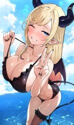 1girls bikini black_bikini black_nails blonde_hair blue_eye blush cleavage female female_only hololive hololive_gen_2 hololive_japan horns light-skinned_female light_skin maro2ki3 one_eye_closed sideboob solo succubus succubus_horns succubus_tail succubus_wings swimsuit tail tattoo v virtual_youtuber water wings yuzuki_choco